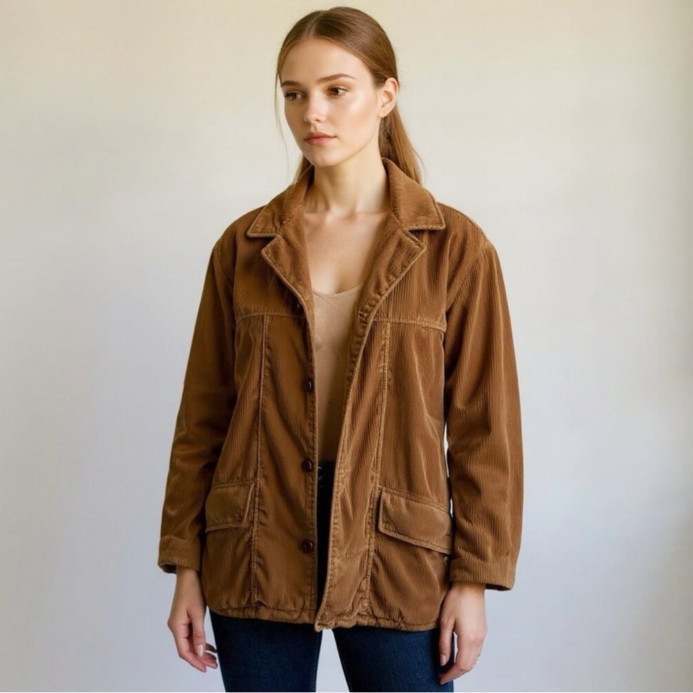 Fingerhut Vintage 70s Coat Corduroy Jacket Camel Brown Bracelet Sleeves Size 42